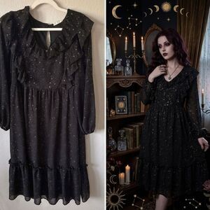By the River Celestial Black Gold Star Ruffle Midi Dress Large Whimsigoth Witchy